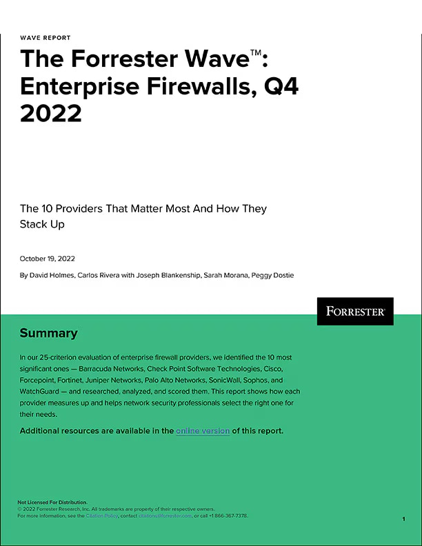 Relatório The Forrester Wave™: Relatório do quarto trimestre de 2022 sobre firewalls empresariais